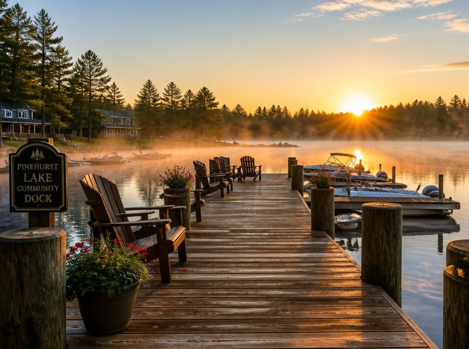 The Highland Shores community dock at sunrise