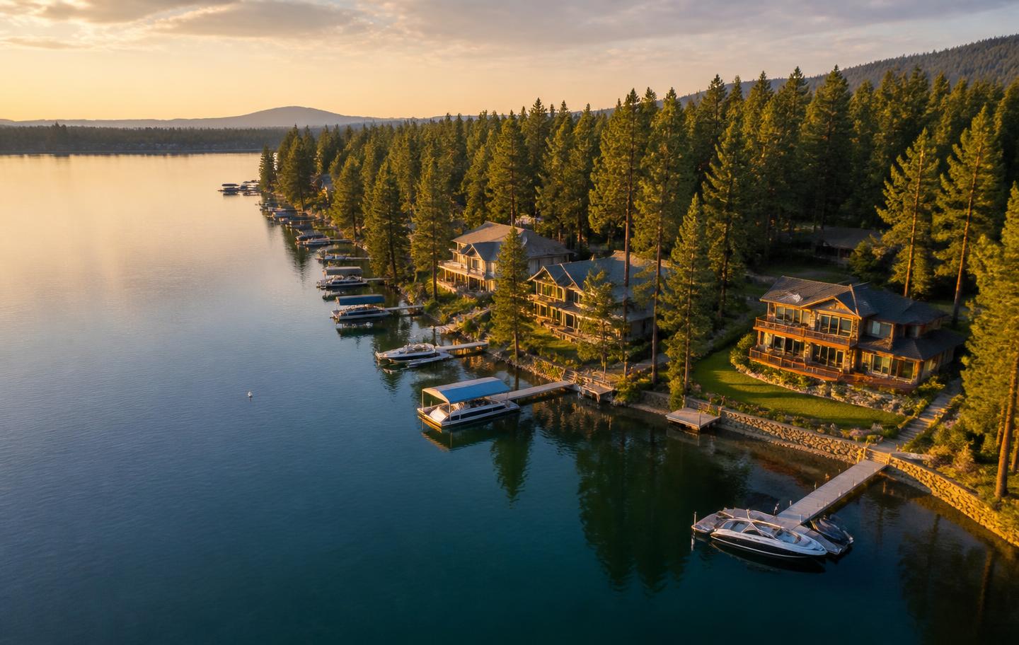 Aerial view of The Highland Shores lake community at golden hour